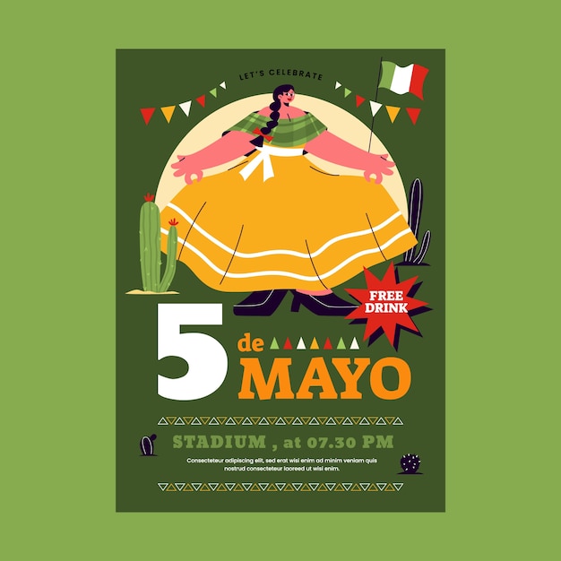 Vector gratuito plantilla de cartel vertical plano para la celebración del cinco de mayo