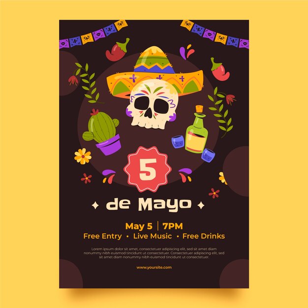 Plantilla de cartel vertical plano para la celebración del cinco de mayo