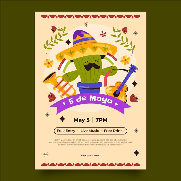 Plantilla de cartel vertical plano para la celebración del cinco de mayo