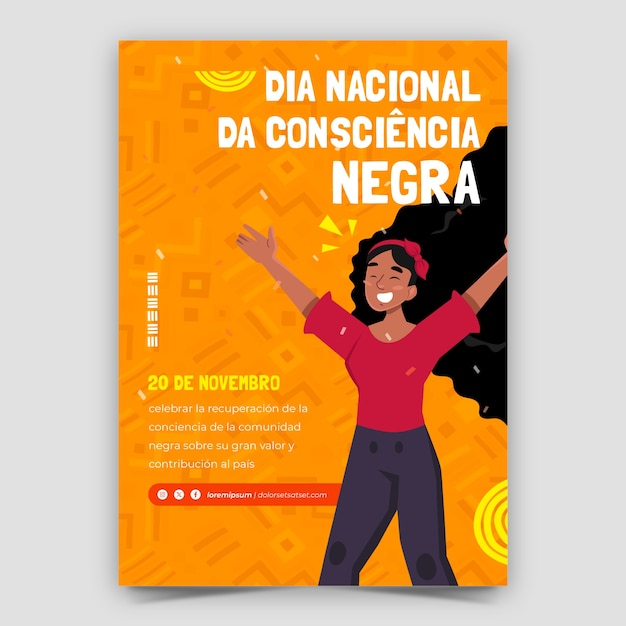 Vector gratuito plantilla de cartel vertical plano para la celebración del día brasileño de concientización sobre la raza negra