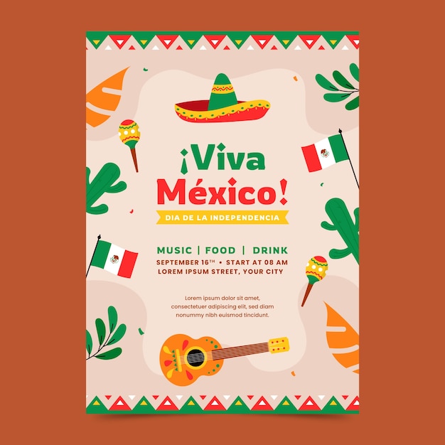 Vector gratuito plantilla de cartel vertical plano para la celebración del día de la independencia de méxico