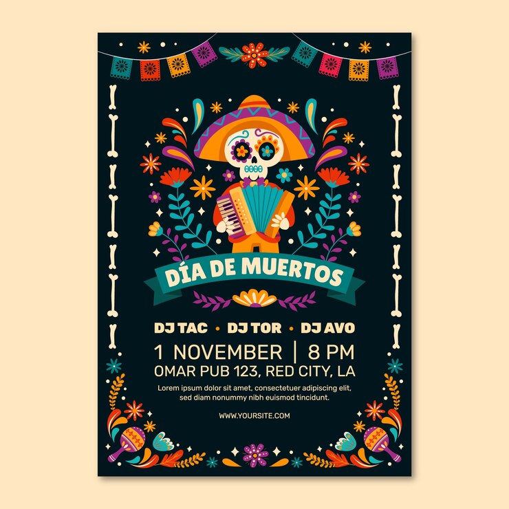 Vector gratuito plantilla de cartel vertical plano para celebración de dia de muertos