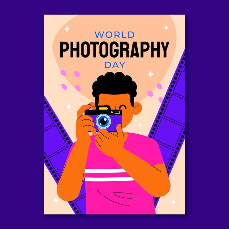 Vector gratuito plantilla de cartel vertical plano para la celebración del día mundial de la fotografía
