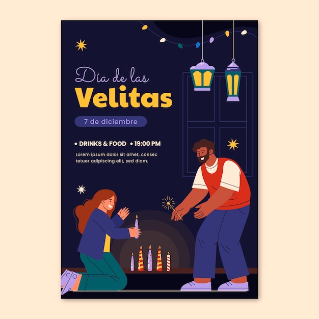 Vector gratuito plantilla de cartel vertical plano para la celebración del día de las velitas con gente encendiendo velas