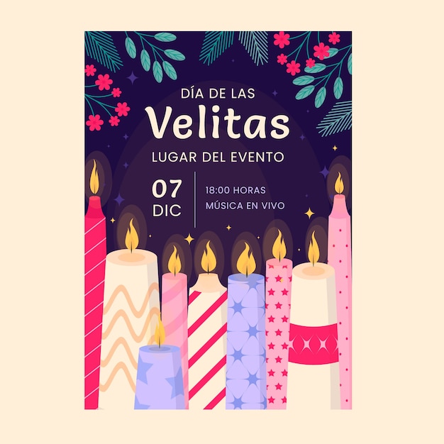 Vector gratuito plantilla de cartel vertical plano para la celebración del día de las velitas con velas