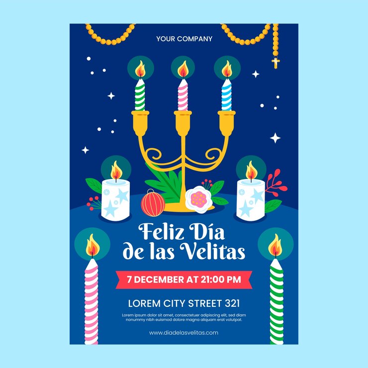Vector gratuito plantilla de cartel vertical plano para la celebración del día de las velitas con velas