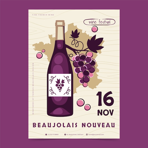 Plantilla de cartel vertical plano para la celebración del festival del vino francés beaujolais nouveau