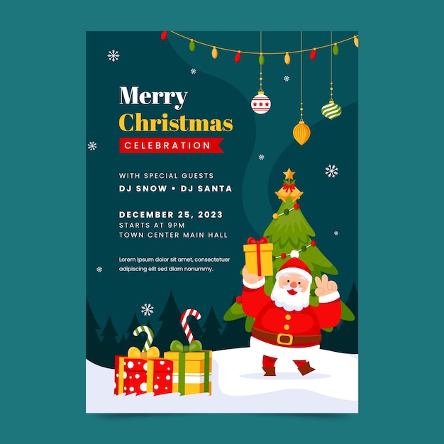Plantilla de cartel vertical plano para la celebración de la temporada navideña con santa y regalos