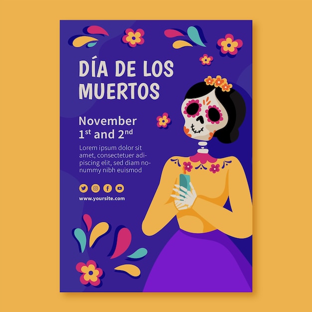 Vector gratuito plantilla de cartel vertical plano dia de muertos