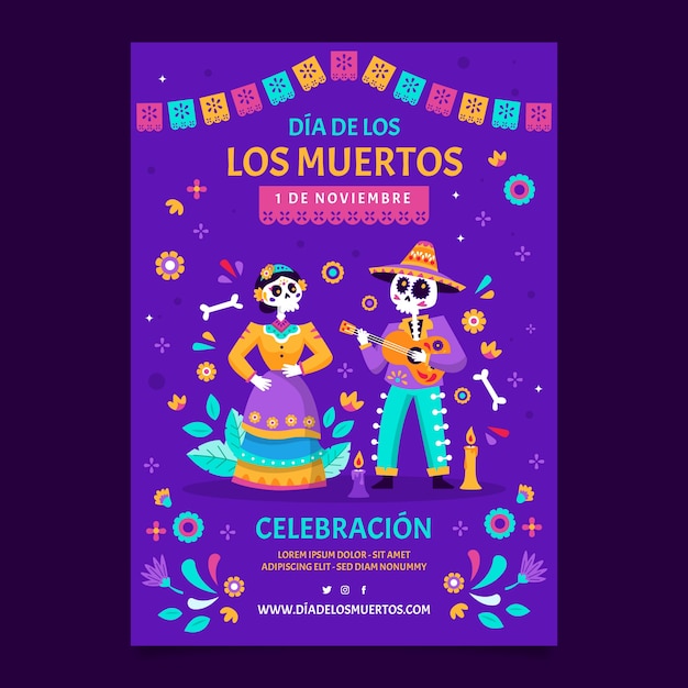 Vector gratuito plantilla de cartel vertical plano dia de muertos