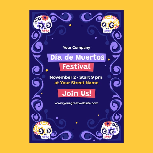 Plantilla de cartel vertical plano dia de muertos