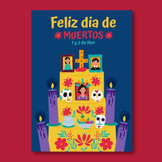 Plantilla de cartel vertical plano dia de muertos