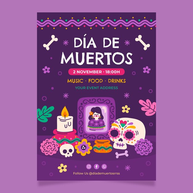 Plantilla de cartel vertical plano dia de muertos