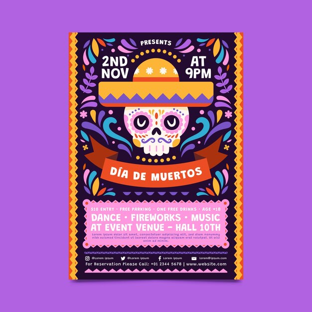 Plantilla de cartel vertical plano dia de muertos