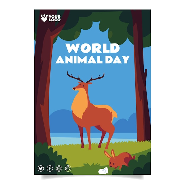 Plantilla de cartel vertical plano del día mundial de los animales