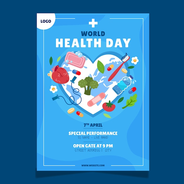 Vector gratuito plantilla de cartel vertical plano para el día mundial de la salud