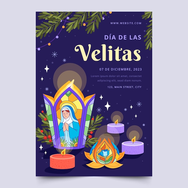 Plantilla de cartel vertical plano para la festividad colombiana del día de las velitas