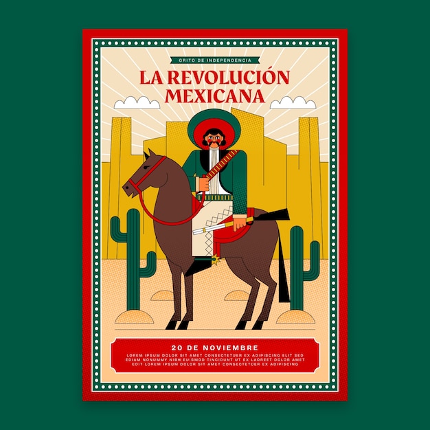 Vector gratuito plantilla de cartel vertical plano para la revolución mexicana con soldado a caballo