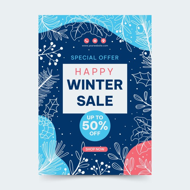 Plantilla de cartel vertical de rebajas de invierno dibujado a mano