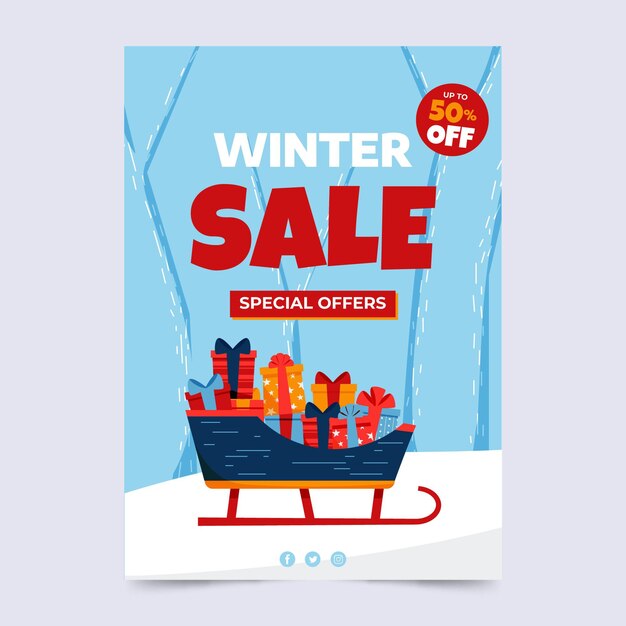 Plantilla de cartel vertical de rebajas de invierno plano dibujado a mano
