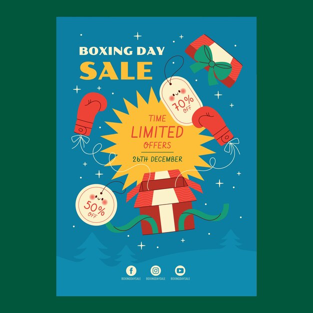 Plantilla de cartel vertical de venta de boxing day plano dibujado a mano