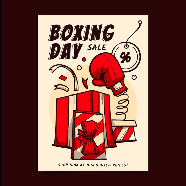 Plantilla de cartel vertical de venta del día del boxeo dibujado a mano