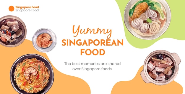 Plantilla de cartelera con concepto de cocina de singapur, estilo acuarela