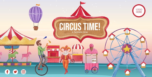 Plantilla de cartelera con parque de atracciones de circo en estilo acuarela