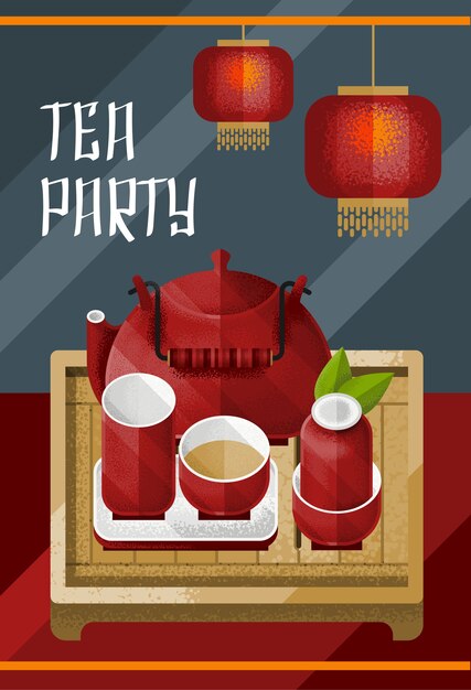 Plantilla de ceremonia del té tradicional colorida con hervidor de lámparas rojas y par en la mesa