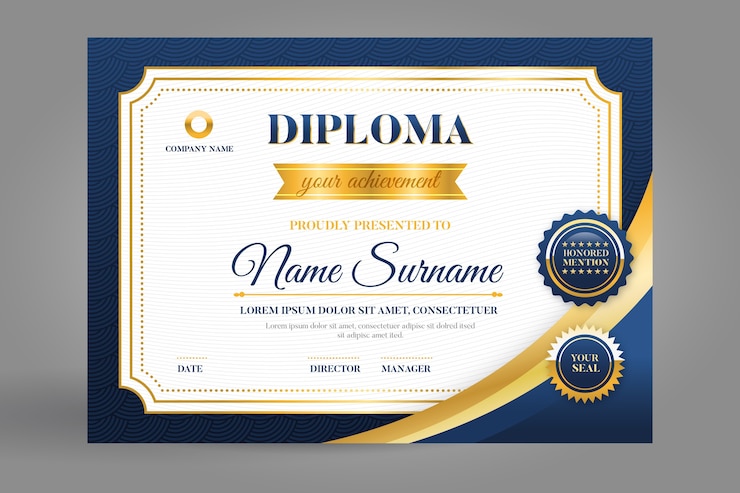 Vector gratuito plantilla de certificado en azul y dorado