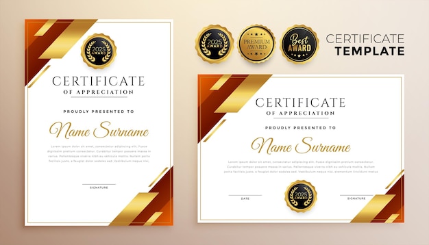 Plantilla de certificado comercial con formas geométricas doradas