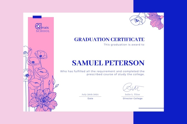 Vector gratuito plantilla de certificado de educación floral duotono