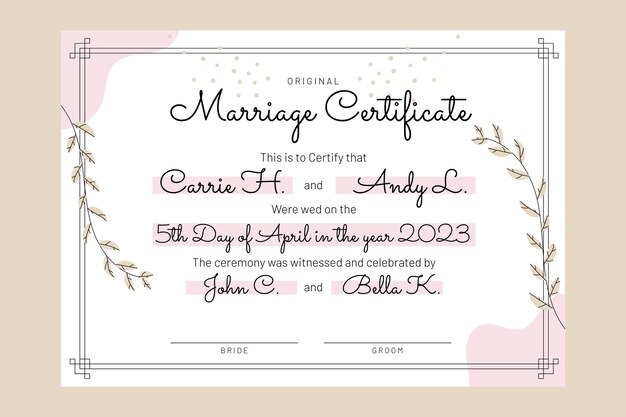 Plantilla de certificado de matrimonio dibujada a mano