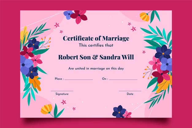 Plantilla de certificado de matrimonio dibujada a mano