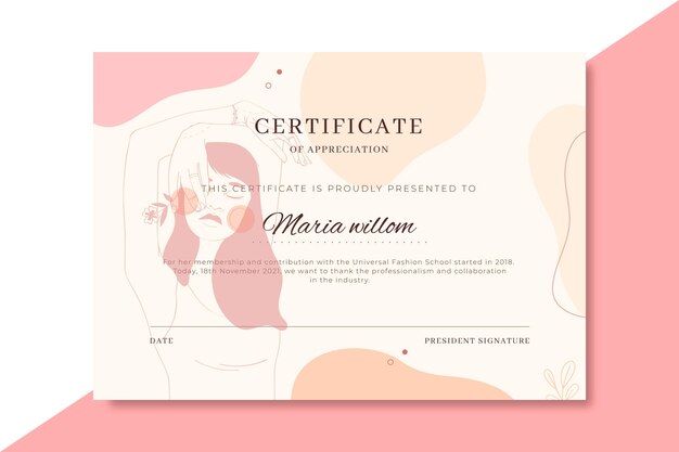 Plantilla de certificado de moda realista dibujada a mano