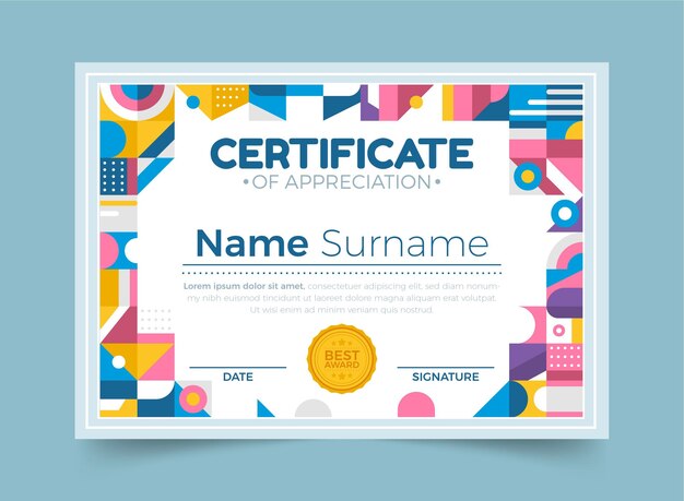Plantilla de certificado de mosaico plano