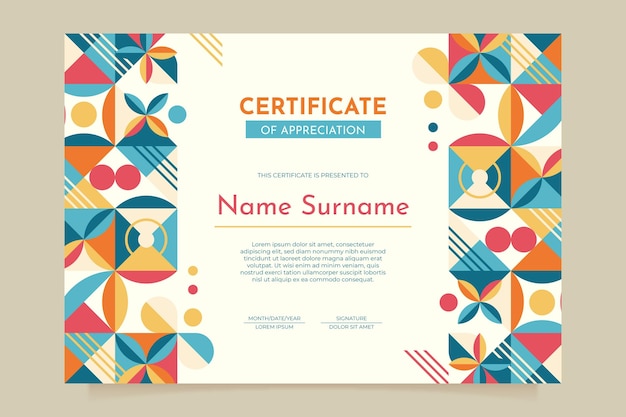Plantilla de certificado de mosaico plano
