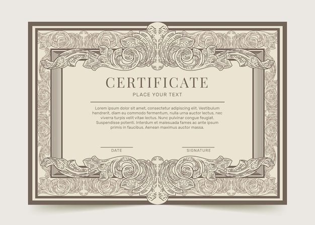 Plantilla de certificado ornamental dibujado a mano grabado