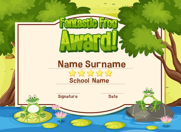 Plantilla de certificado para premio fantástico con ranas en el estanque