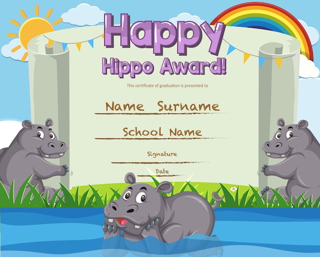Plantilla de certificado para el premio happy hipopótamo