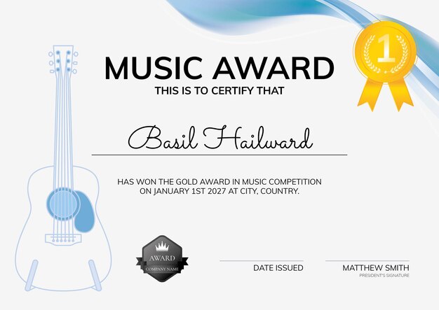 Plantilla de certificado de premio de música con diseño minimalista de ilustración de guitarra