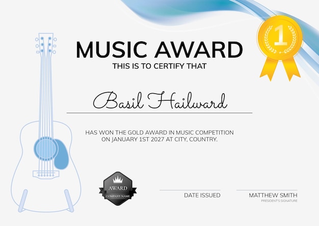 Plantilla de certificado de premio de música con diseño minimalista de ilustración de guitarra