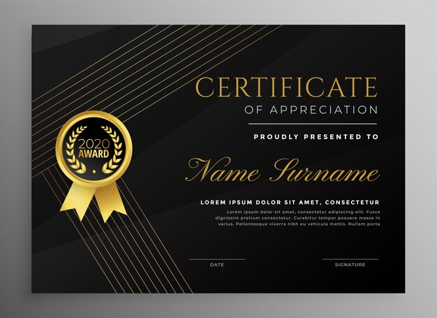 Plantilla de certificado premium negro con líneas doradas
