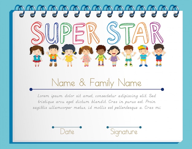 Vector gratuito plantilla de certificado para super estrella con muchos niños.