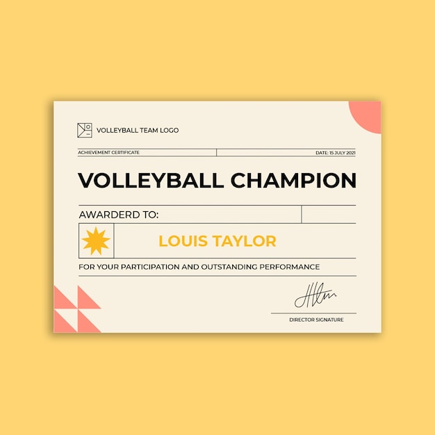 Vector gratuito plantilla de certificado de voleibol deportivo moderno