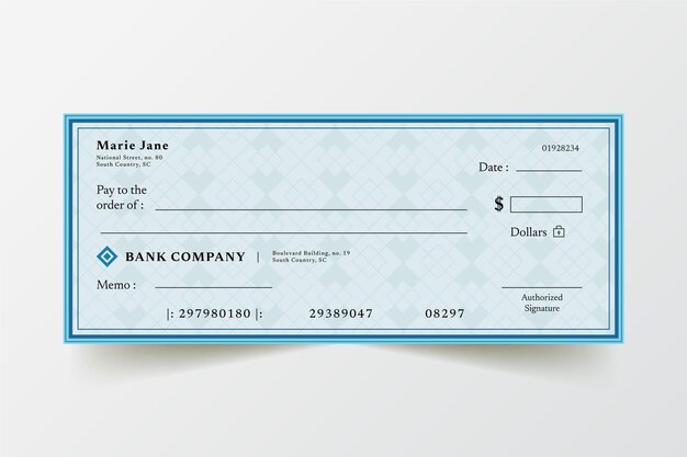 Plantilla de cheque en blanco de diseño plano