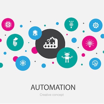 Plantilla de círculo de moda de automatización con iconos simples. contiene elementos tales como productividad, tecnología, proceso, algoritmo