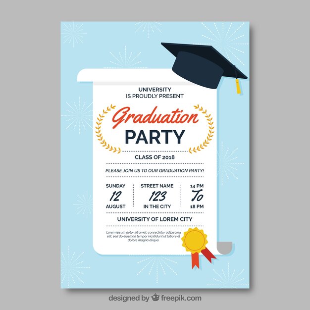 Plantilla clásica de invitación a graduación con diseño plano