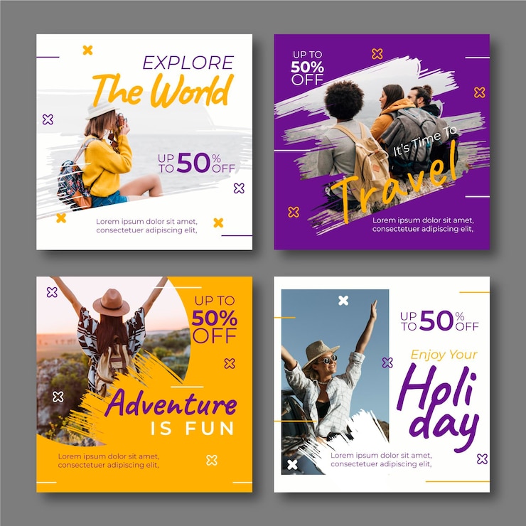 Vector gratuito plantilla de colección de publicaciones de instagram de viajes
