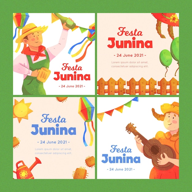 Plantilla de colección de tarjetas de acuarela festa junina